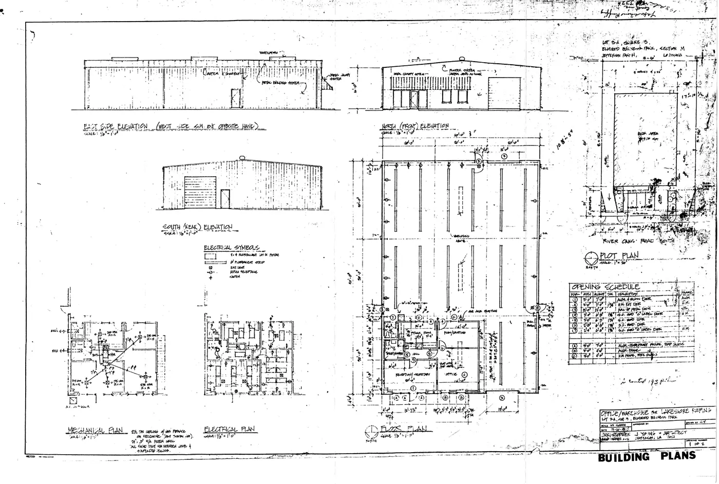 Scanned building plans sheet titled Building Plans, with a floor plan, east, north and south elevations, a plot plan and an opening schedule