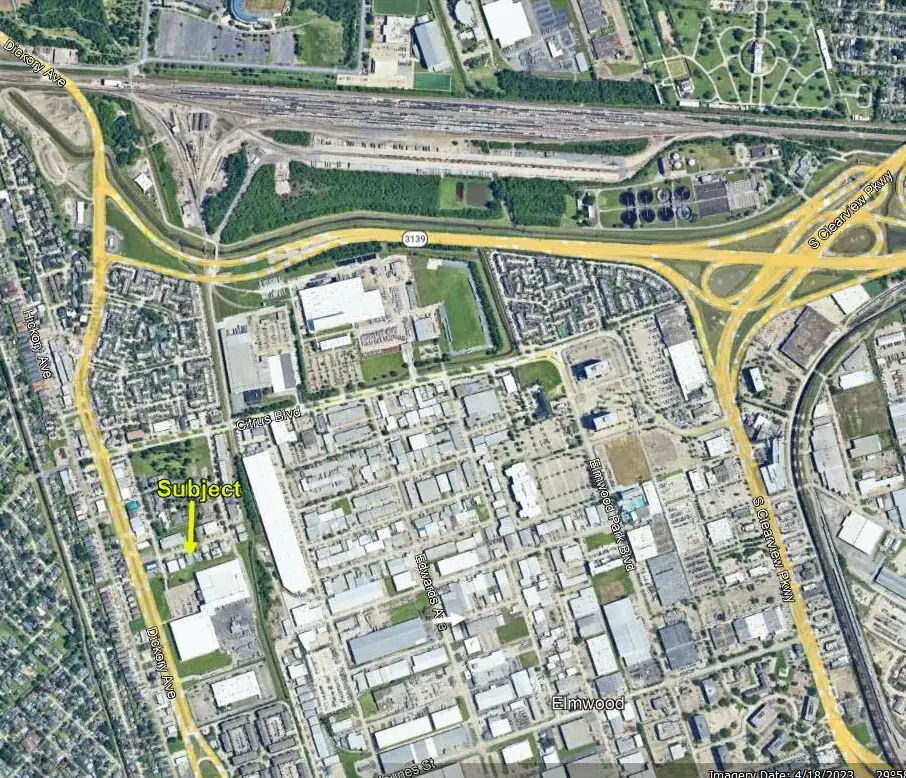 Aerial location map of Elmwood Industrial Park with an arrow marking the subject property