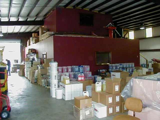 Warehouse interior with mezzanine above the office build-out